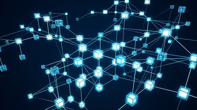 Abstract digital network with glowing blue cubes and connecting lines representing blockchain or data structure on a dark blue background