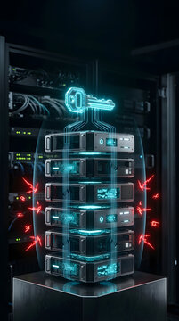 Encryption key secures stacked enterprise server systems and represents controlled access to protected business data.