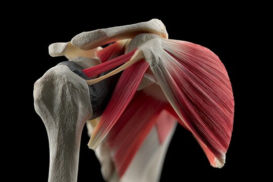 Muscle and bone structure of the human shoulder joint highlighted for study and understanding of anatomy