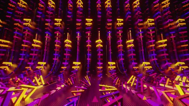 Hypnotic seamless loop of a futuristic geometric array. Abstract digital system made of rotating triangular prisms, crystalline lattices and textured metal grids, creating deep abstract background.
