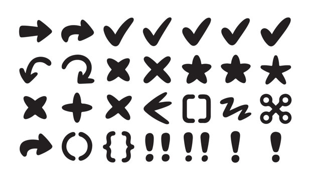 Set of vector elements including arrows, check marks, crosses, stars and brackets.