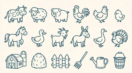 Farm animals line art icons set, hand drawn livestock and agriculture vector elements, cute countryside barn and farming equipment illustrations © Muhammad
