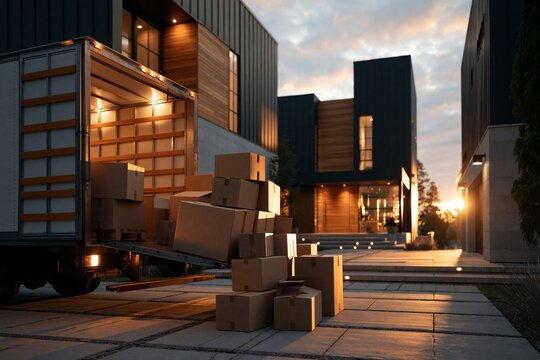 Boxes are unloaded from a truck in the evening at a modern residential area