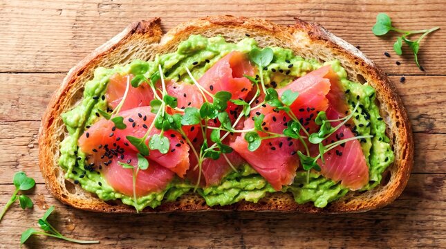 Gourmet avocado toast with smoked salmon, sesame seeds, and microgreens