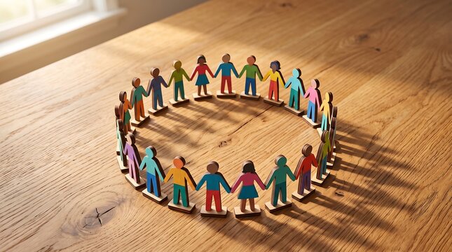 Multiethnic colorful wooden human figures holding hands in a circle representing global unity diversity and teamwork