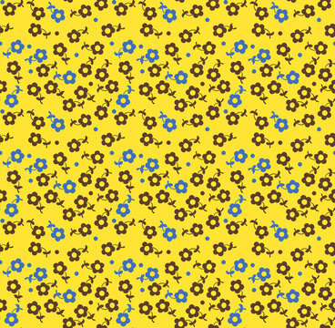 Seamless floral pattern with blue and yellow flowers on golden background