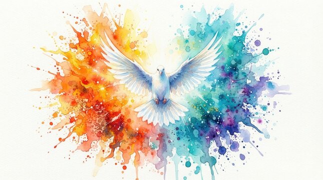 Watercolor illustration of the Holy Spirit as a dove and fire during Pentecost for church publications
