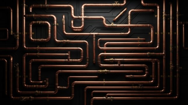 Copper pipe maze in steampunk style on a dark black wall