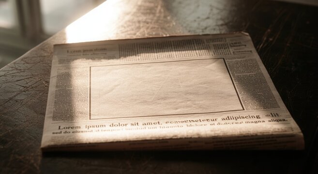 Old newspaper lying on a table showing blank space with no articles or images