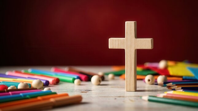 Vacation Bible School craft supplies featuring a wooden cross and Christian themes with room for text