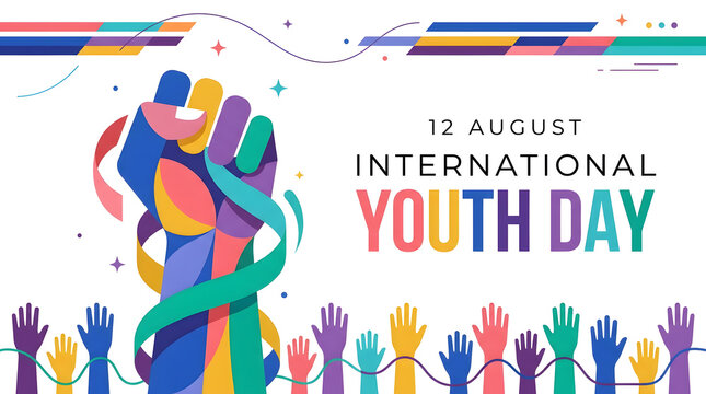 International youth day poster design with colorful raised fist and diverse hand silhouettes, diversity