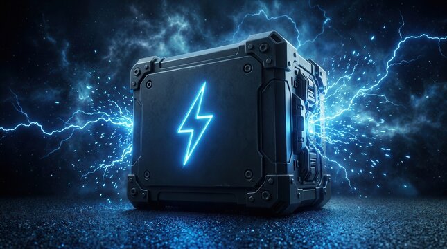 Digital lithium ion rechargeable battery symbol and high voltage charging energy storage icon for a future looking alternative energy technology concept