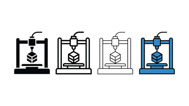 Four variations of a 3d printer icon set in black outline line art and blue styles on a white background