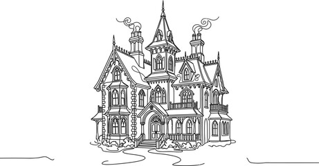 Detailed line art illustration of a Victorian style haunted mansion. © Bejo
