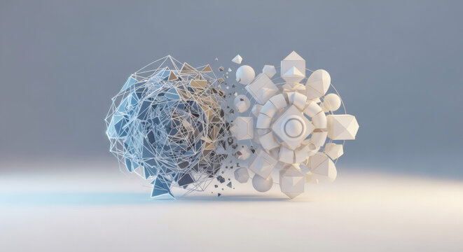 Abstract 3D rendering representing the concept of transition from geometric order to chaotic shattered particles