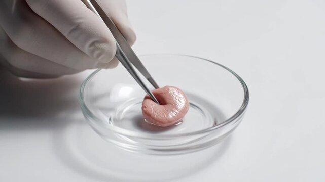 Scientist Placing Lab Grown Cultured Meat Sample Into Glass Petri Dish.