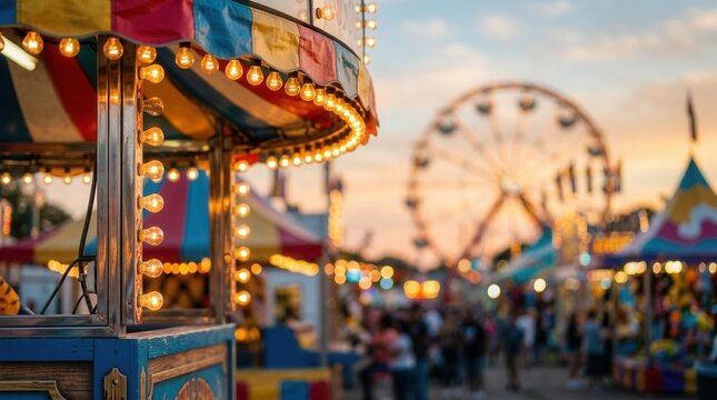 Blurry background of a vibrant carnival midway featuring festive lights.