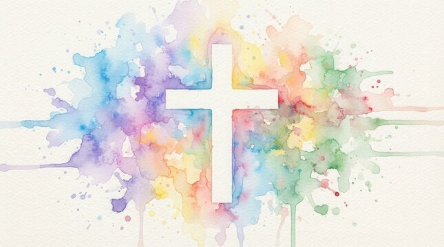 Watercolor Easter theme border and banner with a central Christian cross clipart