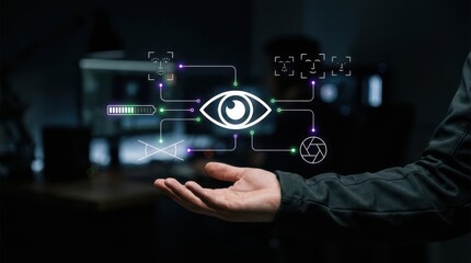Obraz premium Professional businessman presents glowing biometric eye and facial recognition icons in a dark futuristic office. Wallpaper Background image