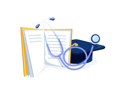 Healthcare education illustration featuring graduation cap and open book symbolizing medical literacy, academic learning