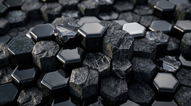 Abstract Hexagonal Dark Stone Pattern Featuring Polished Geometric 3D Shapes and Textured Obsidian Rock Surfaces