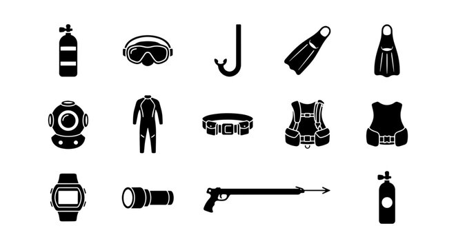 Scuba Diving Equipment Icons Set, Underwater Sports Gear Collection, Vector Graphics