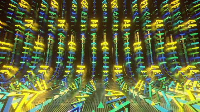 Hypnotic seamless loop of a futuristic geometric array. Abstract digital system made of rotating triangular prisms, crystalline lattices and textured metal grids, creating deep abstract background.
