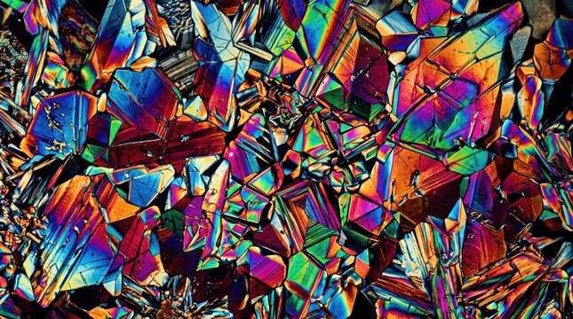 Abstract microscopic crystal pattern under polarized light
