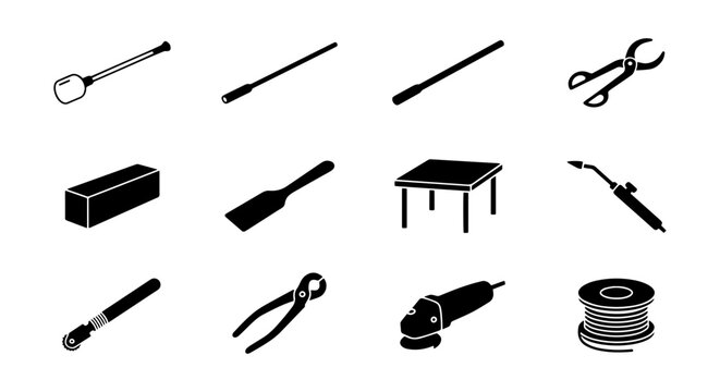 Black and White Vector Icons: Metalworking Tools, Workshop Equipment, Crafting Supplies, Industrial Set