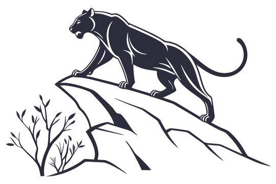 Black silhouette of a panther standing on a mountain cliff side isolated on white background.