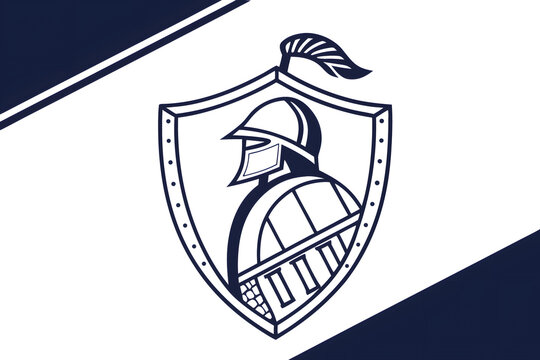 Knight in helmet standing inside a shield emblem on white and navy background.