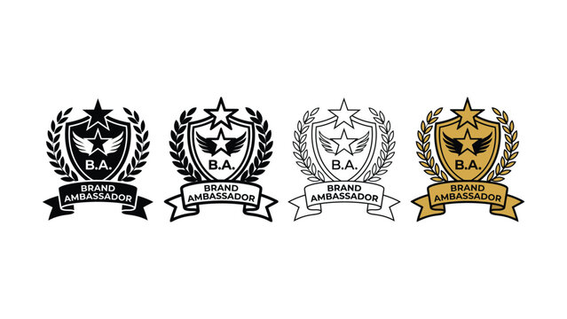 Four black and gold brand ambassador badges with laurel wreaths and stars on a white background
