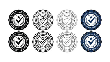 Collection of authentic quality assurance brand seals with laurel wreaths and checkmarks on a white background © Shafia