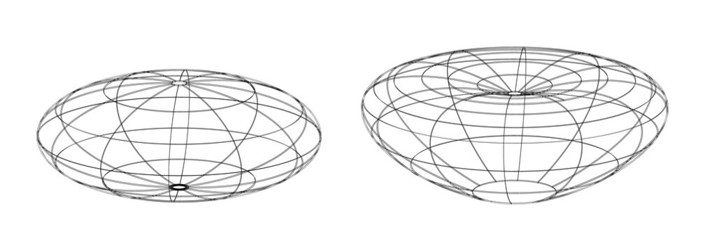 3D wireframe sphere and deformed spheroid with concave indentation, abstract geometric illustration for mathematics, physics
