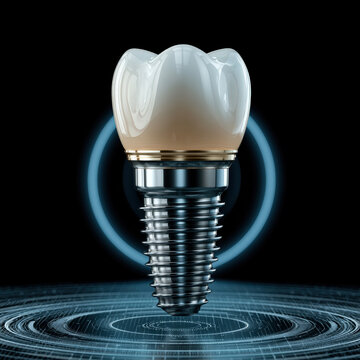 Premium Dental Implant Model Suspended in Floating Blue Digital Interface Rings