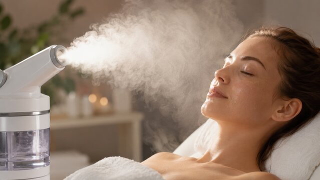 Woman receiving facial steam treatment with cooling mist