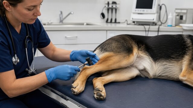 Veterinarian performing patellar reflex test on a dog
