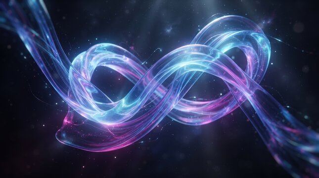 Abstract glowing infinity loop with neon blue and purple light trails on dark background
