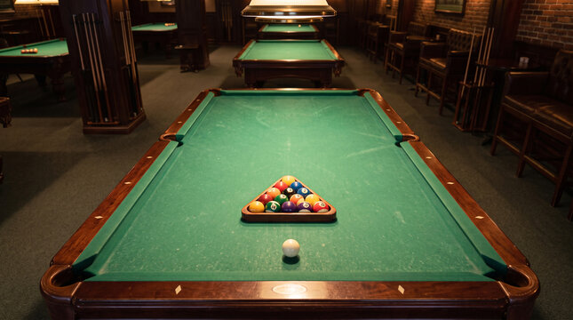 Green Pool Table with Racked Balls in a Dimly Lit Billiards Hall