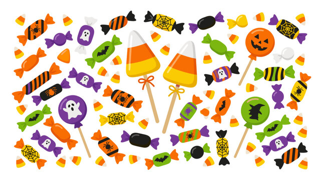 Halloween candy and sweets assortment with spooky icons. Vector illustration of festive treats, lollipops, and party decorations for seasonal designs.