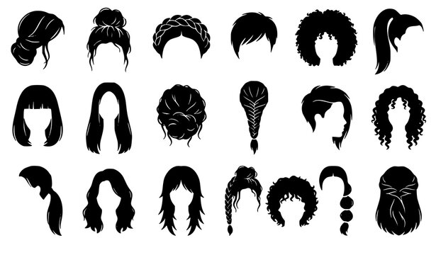 Fashion Women's Hairstyle Silhouette Bundle Vector Illustration Collection