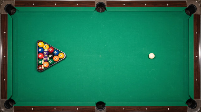 Green Pool Table with Racked Billiard Balls and Cue Ball