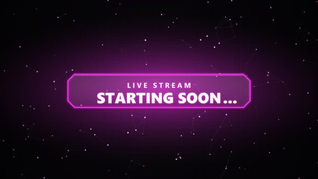 Live stream starting soon neon glowing frame with digital grid particles