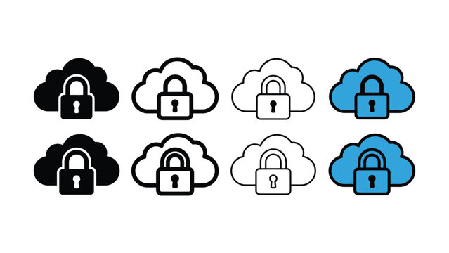 Secure cloud storage icons set in various colors and styles representing data protection and cybersecurity