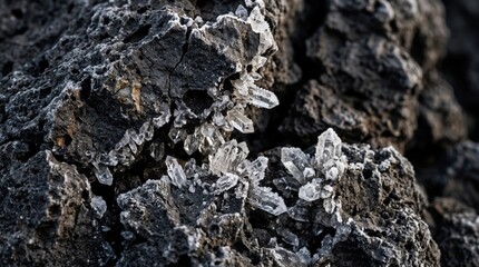 Fototapeta premium Close-up macro of natural white quartz crystals growing on dark textured volcanic rock