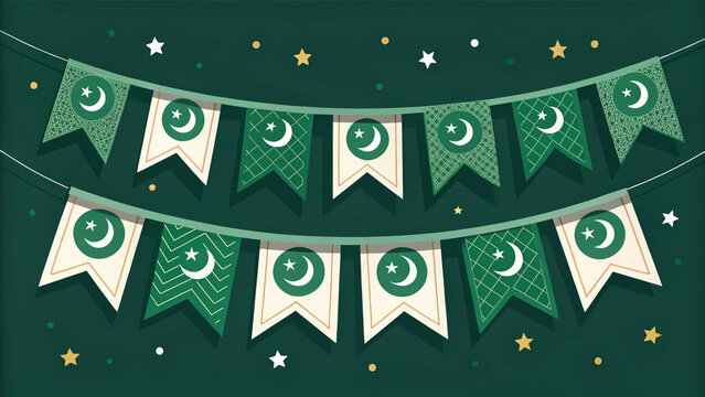 Garland Flags with Dark green Background Banner, Hanging Bunting Flags for Pakistan independence day celebration. Vector illustration
