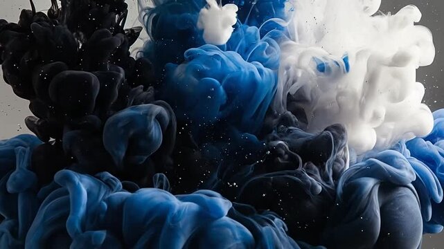 Blue and white ink plumes on grey background.
