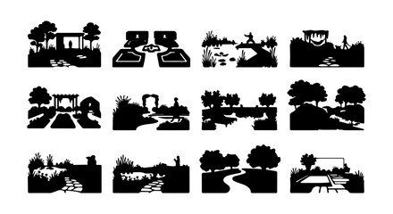 Obraz premium Vector Landscape Silhouettes, Garden Scenes, Park Elements, Nature Vignettes, Outdoor Views