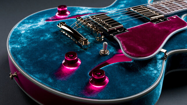 Blaue E-Gitarre zeigt goldene Hardware und leuchtend pinke Potikn&ouml;pfe