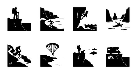 Outdoor Adventure Icons, Extreme Sports Vector Graphics, Mountain Biking, Surfing, Climbing, Kayaking, Parachuting © md
